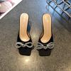 Thin Heel Rhinestone High Heel Slippers Women's 2025 Fashion Square Head Large Size Satin One Word Bow Sandals