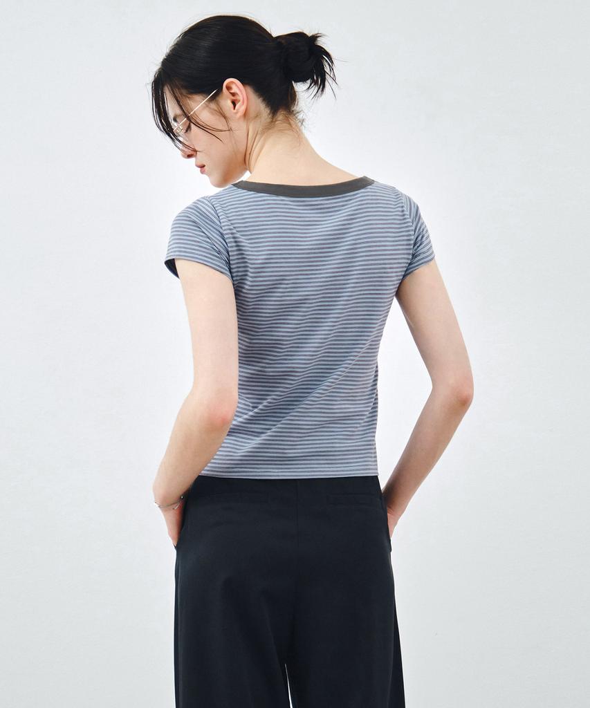 MONGDOL Square Neck Striped Short Sleeve T-Shirt Blue Mdts098Blue