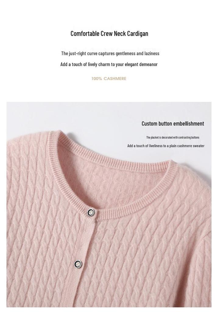 Women's 100% Pure Cashmere Cable Knit Round Neck Cardigan Sweater for Autumn and Winter