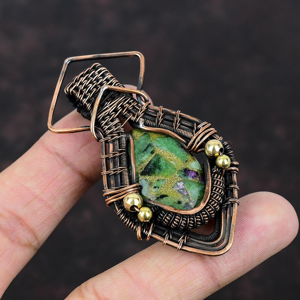 Copper Ruby Zoisite Pendant Copper Wire Wrapped Gemstone Pendant Designer Pendant Copper Jewelry Handmade Pendant Wire Wrap Jewelry For Gift