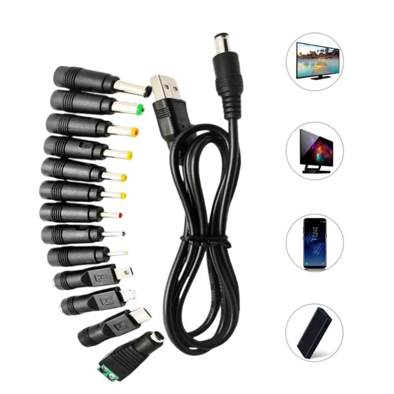 1.5M USB To 5.5x2.1mm Power Charger with 13 Connectors Set for Monitoring Cameras Printer Router LED Light Speaker