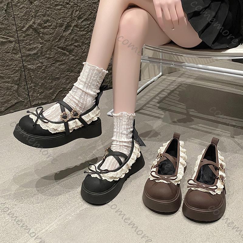 Fashion Comemore Brown Retro Thick Bottom Loafers New Spring and Autumn Round Toe Shallow Bow Lace Mary Jane Shoes Casual Platform Pumps
