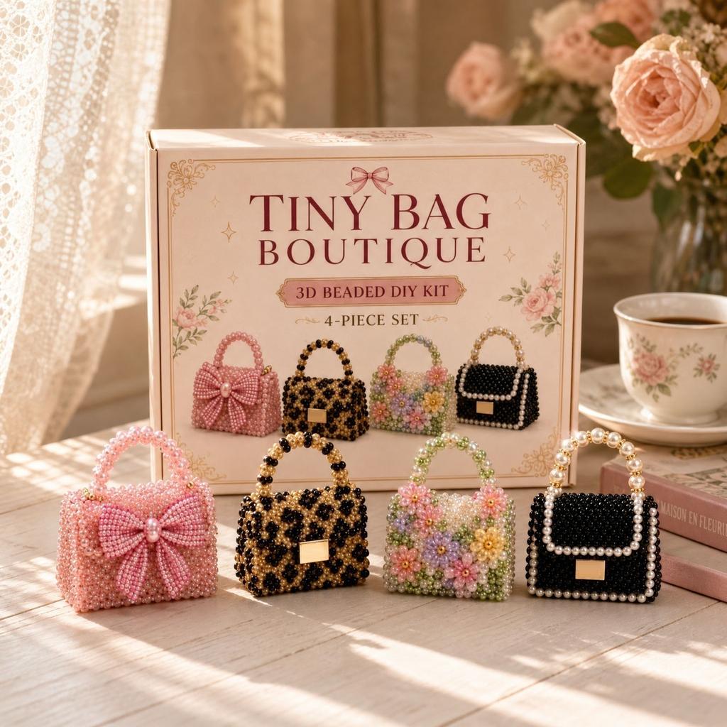 Tiny Bag Boutique 3D Набор для рукоделия с бусинами, набор из четырех предметов, включает модели сумочек с бусинами, подробные инструкции по вышиванию бисером и материалы для творческой сборки