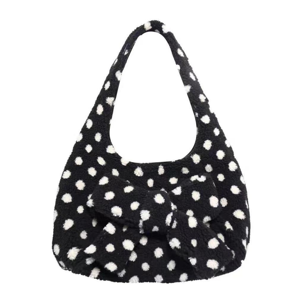 Japanese Sweet Cute Bow Tote Bag Women Plush Polka Dot Large Capacity Shoulder Bags Ladies Harajuku Versatile Daily Underarm Bag