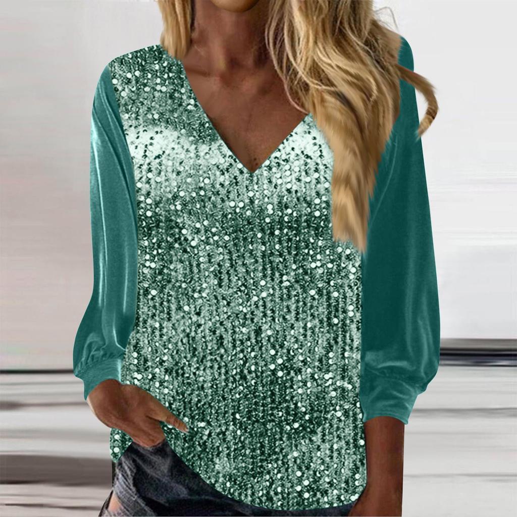 Женские топы с пайетками, блестящие блузки с v-образным вырезом, свободные блестящие нарядные рубашки с длинными рукавами для праздничной вечеринки