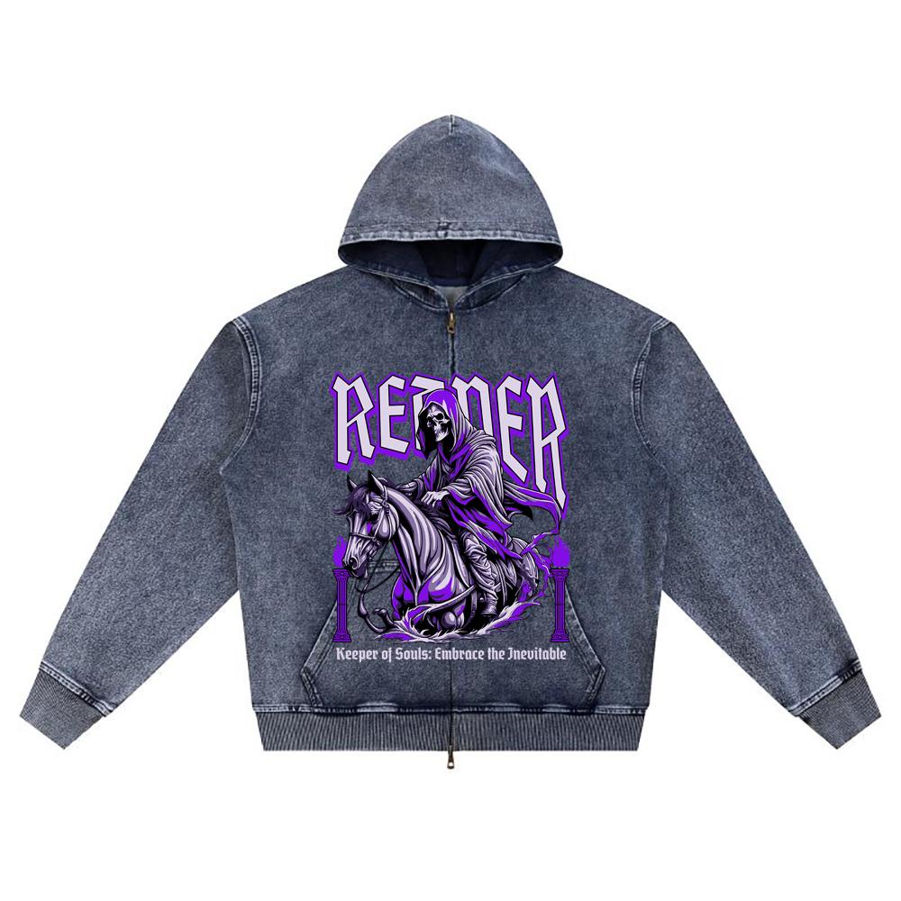 DTG print Knitted Denim Zip-Up Hoodie Reaper Brother Print Zipper Hoodies