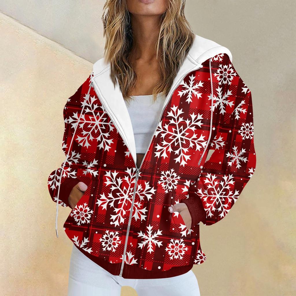 Женская модная повседневная толстовка с рождественским принтом и длинными рукавами, карманная куртка, пальто с капюшоном на молнии