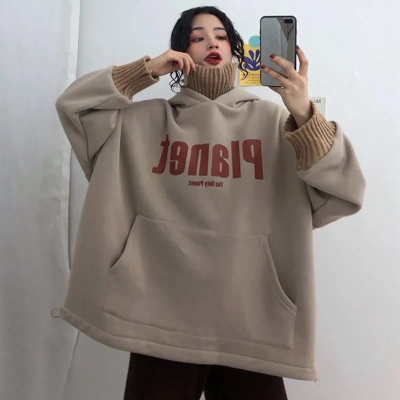 Свитер больших размеров, женский осенне-зимний свободный ложный двухсекционный утолщенный свитшот с капюшоном и высоким воротником, удобный пуловер с баской, топы