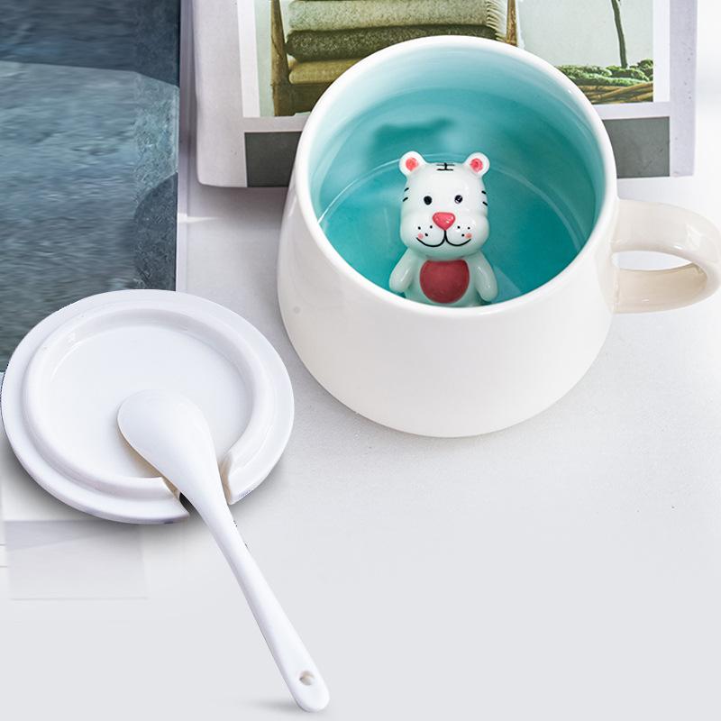 Кружка с 3D животным внутри, Забавная керамическая чашка, Кружки для кофе с крышкой и ложкой, Для молочного чая, Кружки для завтрака