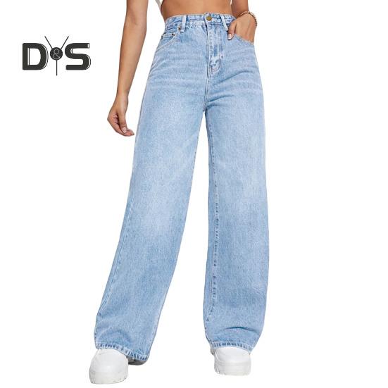 Женские джинсовые брюки с высокой талией, эластичные широкие джинсы с карманами, повседневные прямые джинсовые брюки на лето и осень