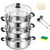 Two-Tier, Three-Tier Stainless Steel Steamer with Triple-Layer Bottom, Induction Compatible: Compatible with Various Heat Sources, Deep, Multi-Functio