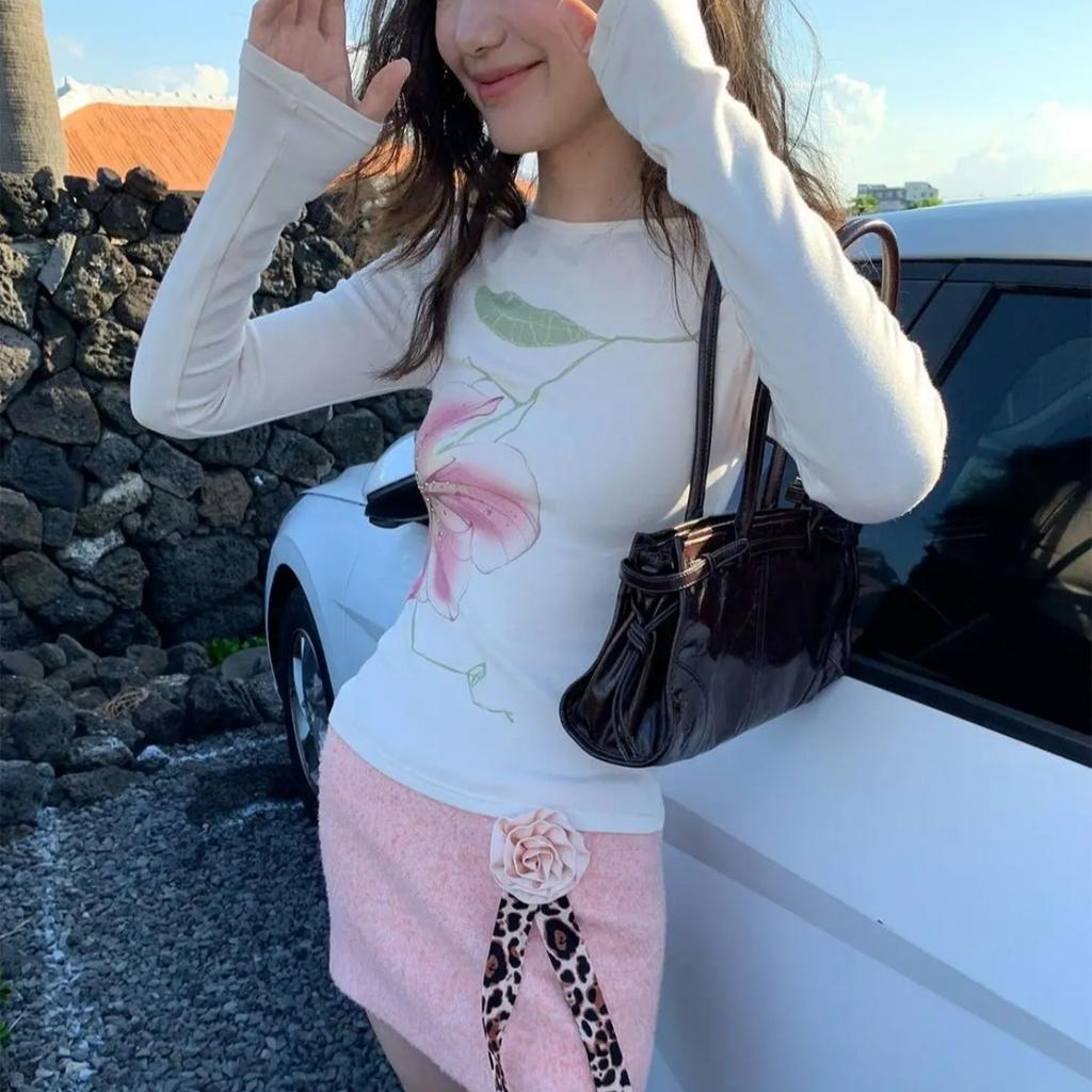 Женская футболка Y2K Fairycore с длинным рукавом и цветочным графическим принтом