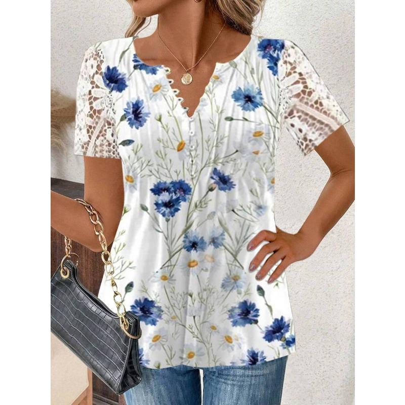 Summer T-shirt Fashion Women's Lace Lace Sleeves T-shirts Crimp Loose Solid Color Casual Printed Button Short Sleeve Tops