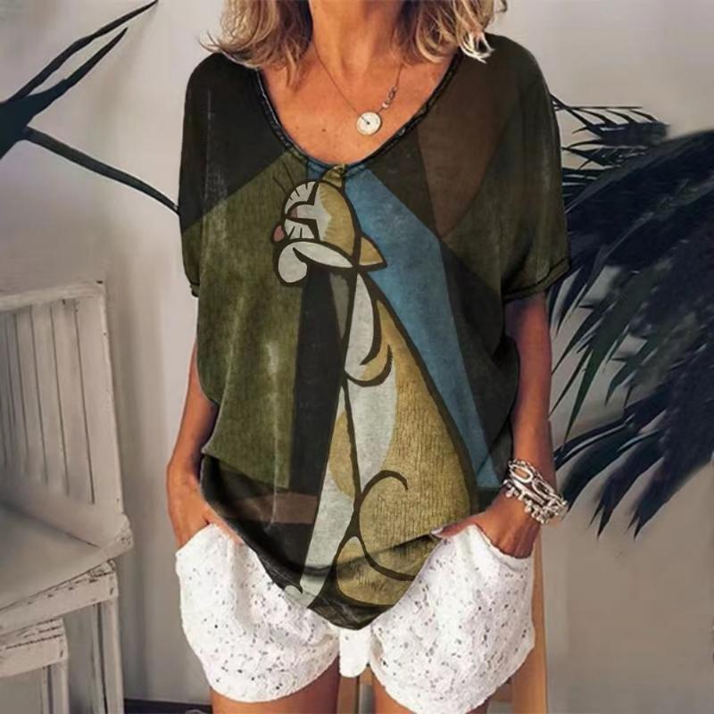 Винтажная женская футболка с принтом мультяшного котенка, рубашка с V-образным вырезом, одежда для девочек, толстовка с коротким рукавом в стиле Харадзюку, летняя свободная блузка