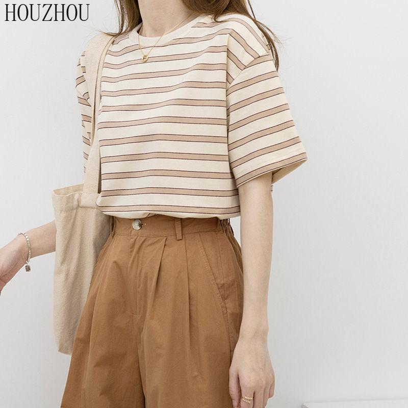 HOUZHOU Полосатая футболка женская зеленая с коротким рукавом летние свободные корейские шикарные повседневные топы большого размера