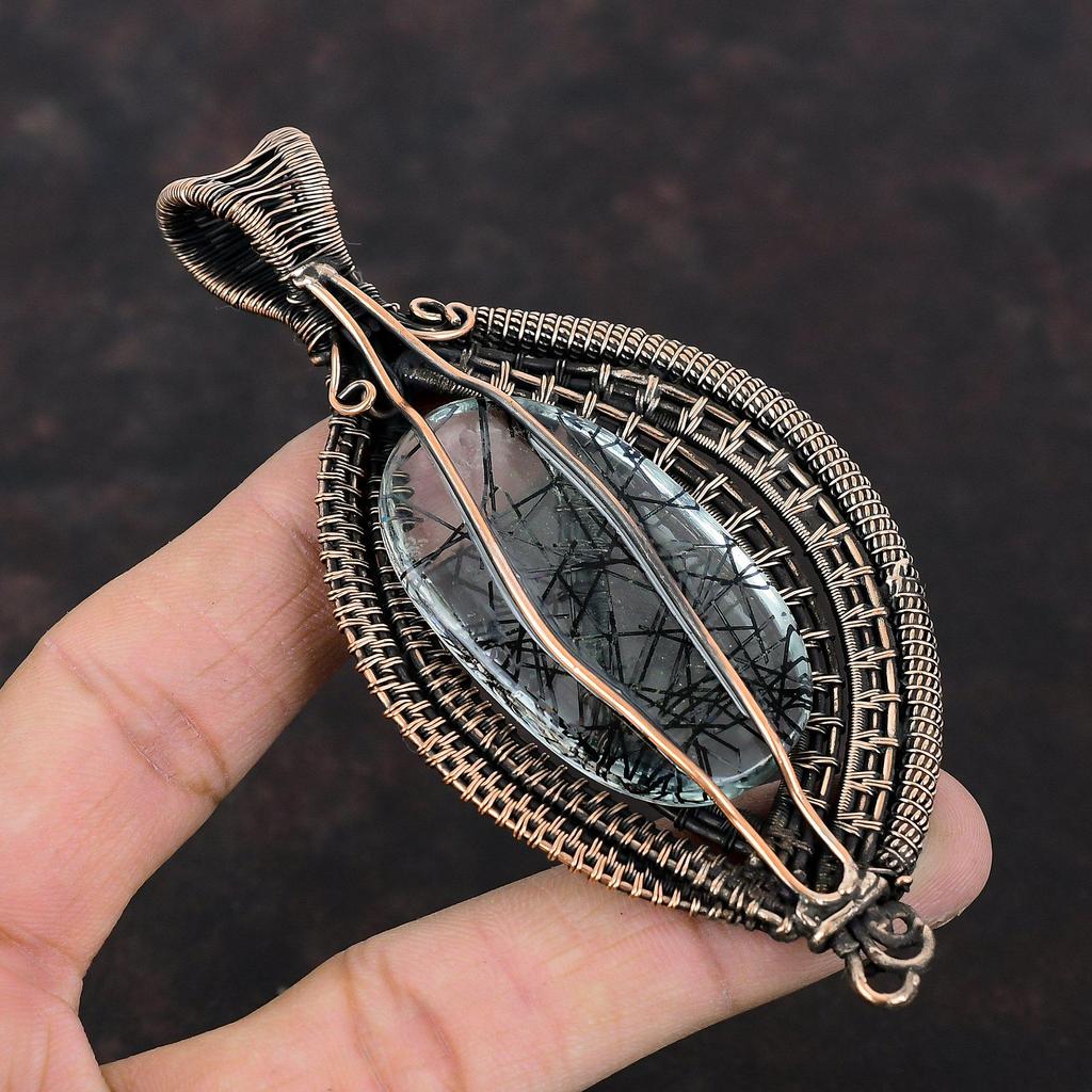 Black Rutile Pendant Copper Wire Wrapped Handmade Pendant Designer Copper Jewelry Genuine Gemstone Pendant Engagement Gift Wire Wrap Jewelry