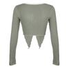 Women Tops V-Neck Lace Stitching Long Sleeve Irregular Hem Pullover Tops Solid Color Ribbed
