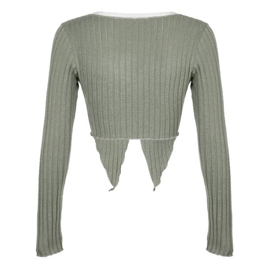 Women Tops V-Neck Lace Stitching Long Sleeve Irregular Hem Pullover Tops Solid Color Ribbed