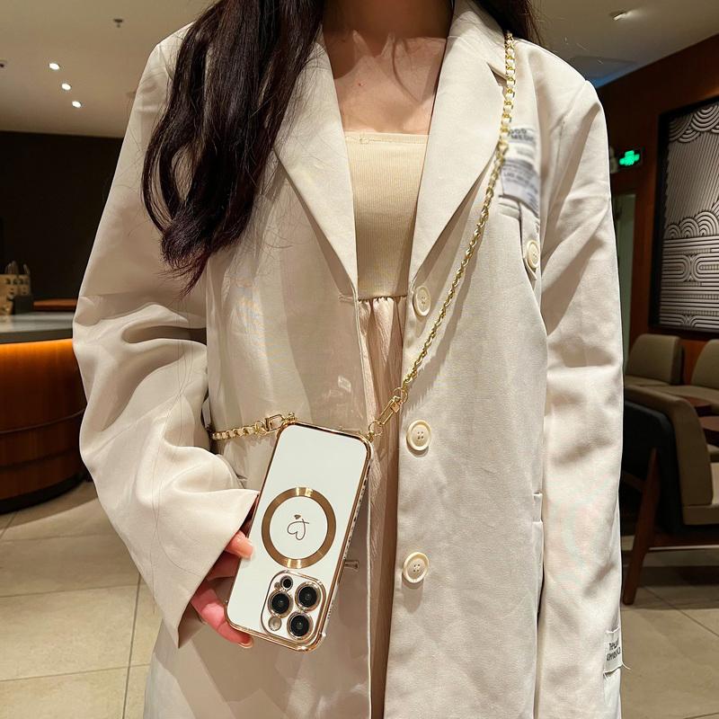 Для iPhone 17 16 Pro 15 14 Pro Max 13 Samsung S25 S24 Ultra S23 FE S22 S21 Чехол с гальваническим покрытием в виде сердца любви Для Magsafe Магнитный чехол для телефона с веревкой через плечо