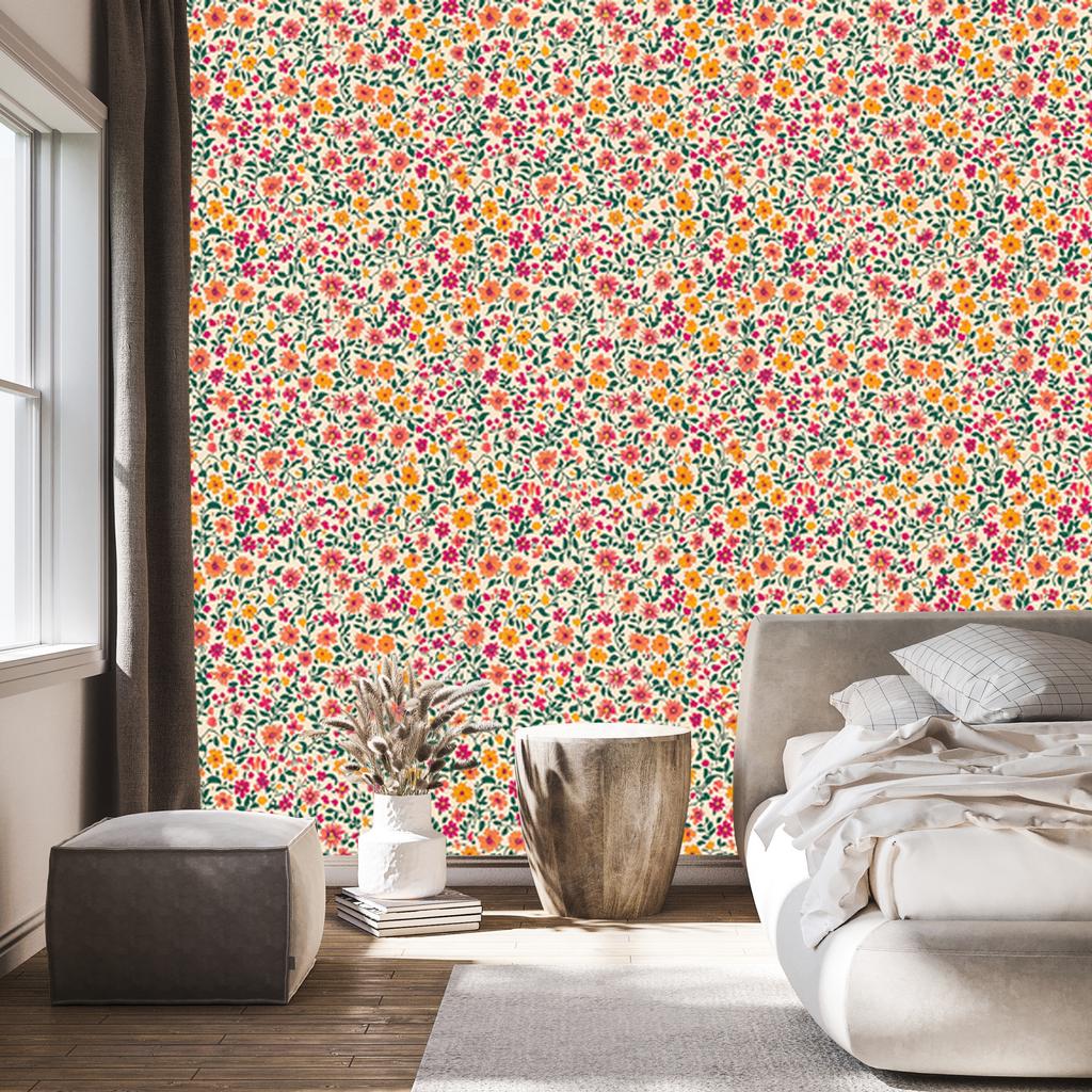 Wallpaper Small Flowers Beige and Green for Living Room and Bedroom 50x1000