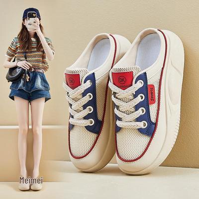 Летние женские белые сетчатые дышащие кроссовки 2025 - с полузакрытым носком, повседневные, на толстой подошве, увеличивающие рост