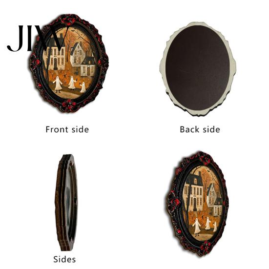 Waterproof Retro Oil Painting Magnets Halloween Wooden Refrigerator Magnets, Vintage Gothic Oval Frame Fridge with Witch Style Home Office Accents
