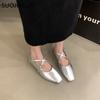 Fashion SUOJIALUN Spring New Women Flat Shoes Fashion Gold Ladies Round Toe Sahllow Ladies Elegant Mary Jane Shoes Soft Dress Ballerinas
