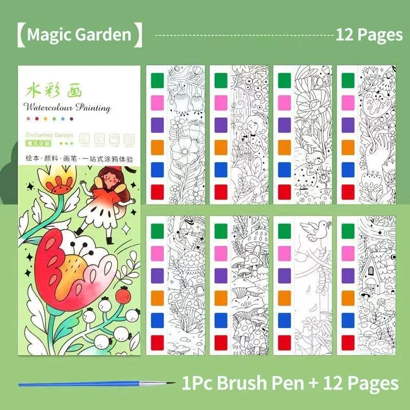 1PC Children's Watercolor Coloring Book Kids Adult Watercolour Coloring Paper With Water Paint Pens Girls Student Birthday Gift