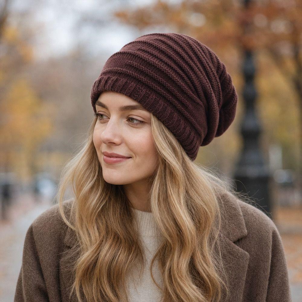 Stripe Knit Texture Knit Slouch Hat Solid Color Unisex Beanie Cap New Slouchy Beanie