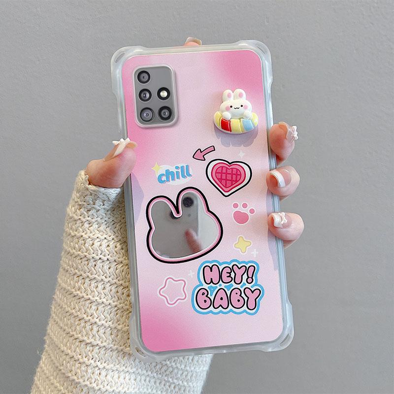 KEYSION Crossbody Strap Phone Case for Samsung A51 4G Cute Cartoon Long Lanyard Mirror Shockproof Cover for Galaxy A51