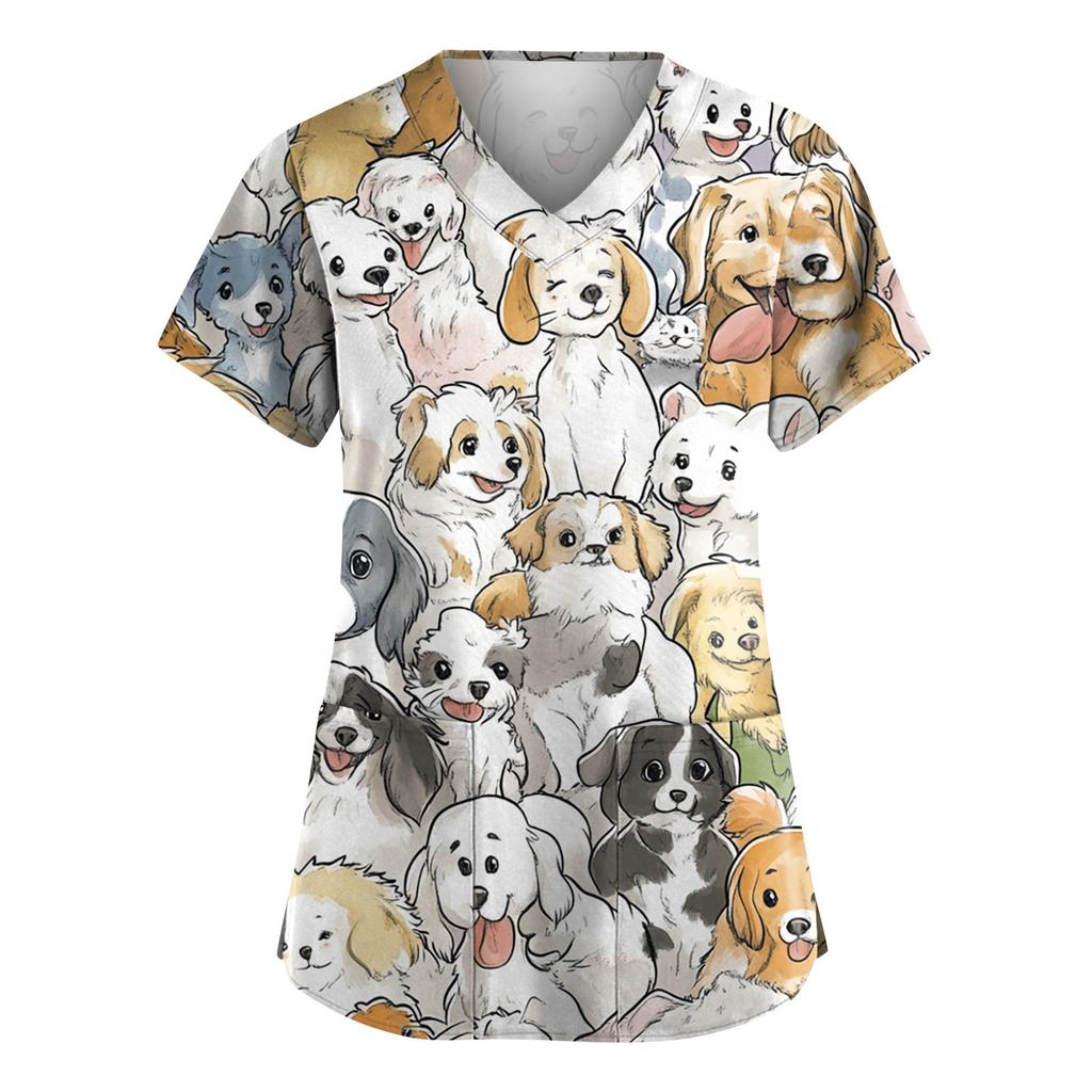 Women's Fashion Short Sleeve Cute Animal Printed V-Neck Pocket Workwear Tops