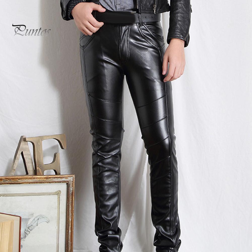 Men Solid Color Faux Leather Multi Pockets Skinny Pants Stage Club Long Trousers