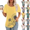 Женская модная повседневная плиссированная футболка в полоску с круглым вырезом и цветочным принтом с короткими рукавами, топ