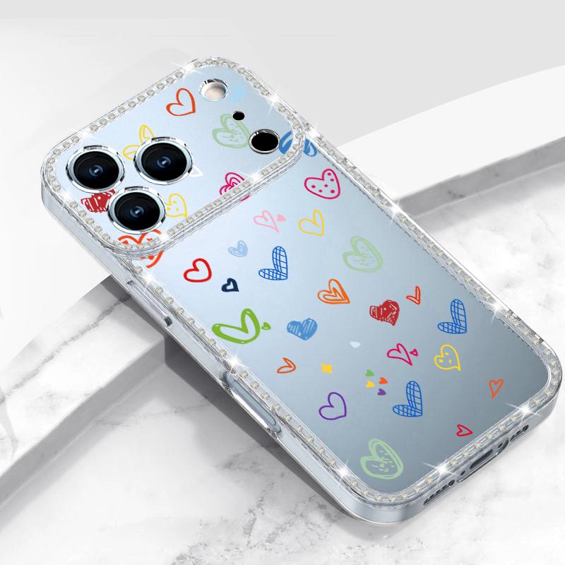Розовое Сердце Глаз Узор Алмазный Чехол Для iPhone 17 Pro Max Funda iPhone 16 Pro Max 15 14 13 11 Прозрачный ТПУ Силиконовый Мягкий Чехол
