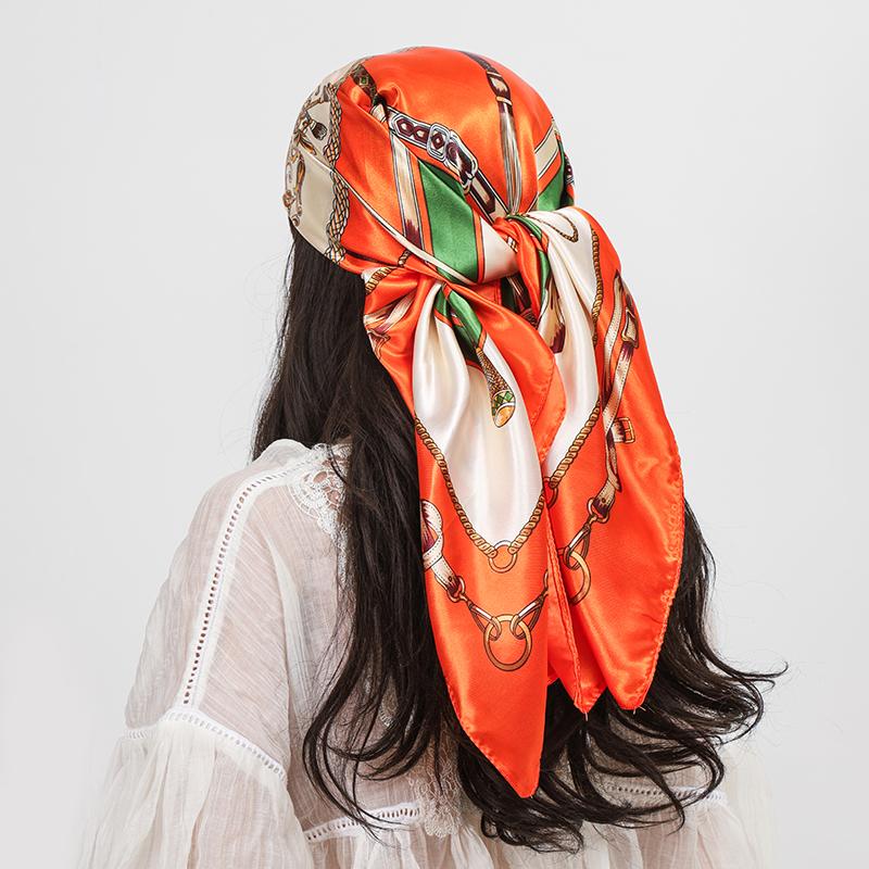 Luxury Brand 90cm Square Silk Scarf Women Shawls Wraps Hijab Scarves Print Kerchief Femme Head Scarf Foulard Bandana Beach Pareo