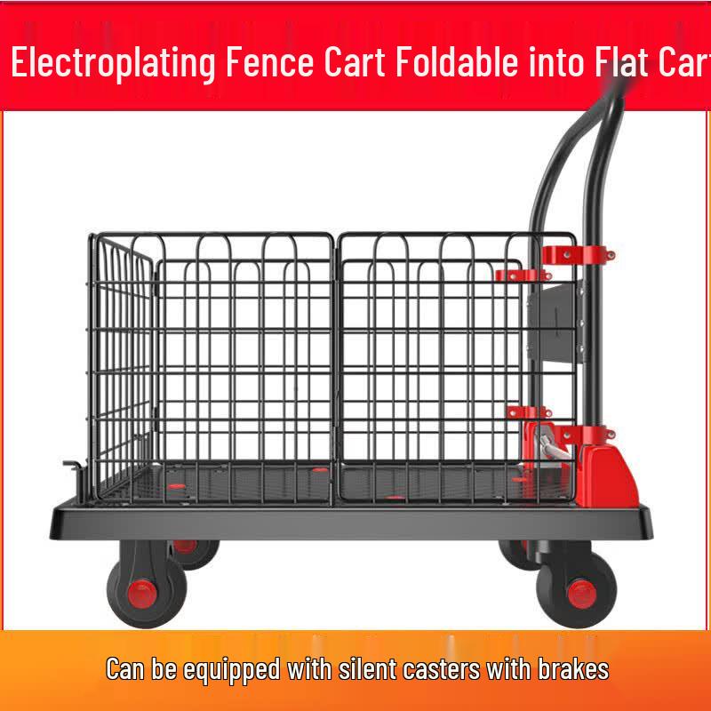 JNL Heavy-Duty Steel Flatbed Cart with Mesh Fence