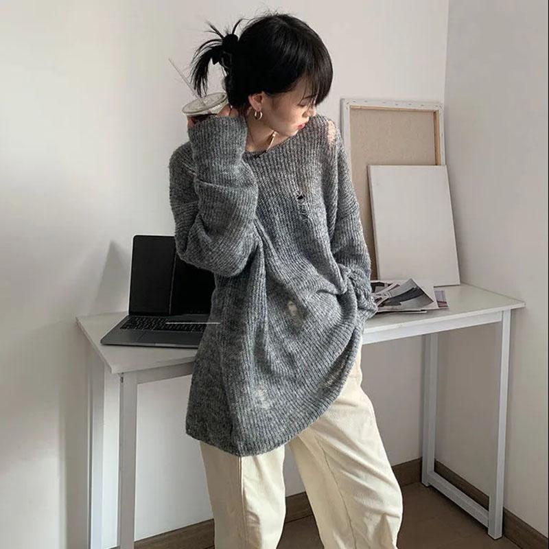 Серый вязаный ажурный свитер с защитой от солнца, женские свободные ветровые топы Y2K, тонкая верхняя одежда, пуловер, готические свитера