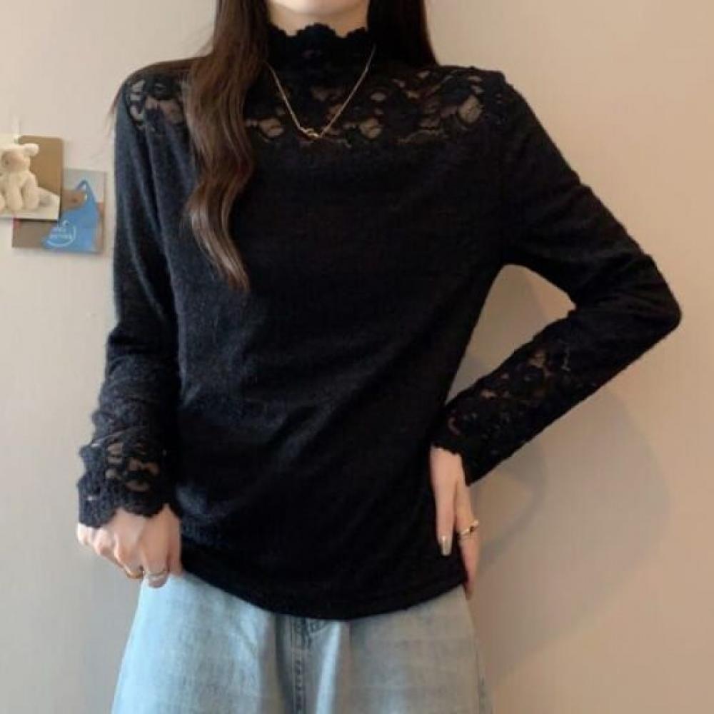 Navava Lace Inner VelveT Fleece Half Zip Long Sleeve T shirT nT3123