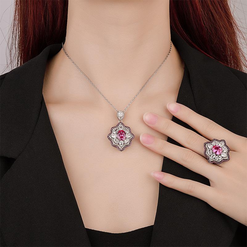 Jewelry Copper Bottom Gold-Plated Simulation Red Corundum Sapphire Blue Spinel High-Grade Black Gold Color Separation Set Female 8 * 10