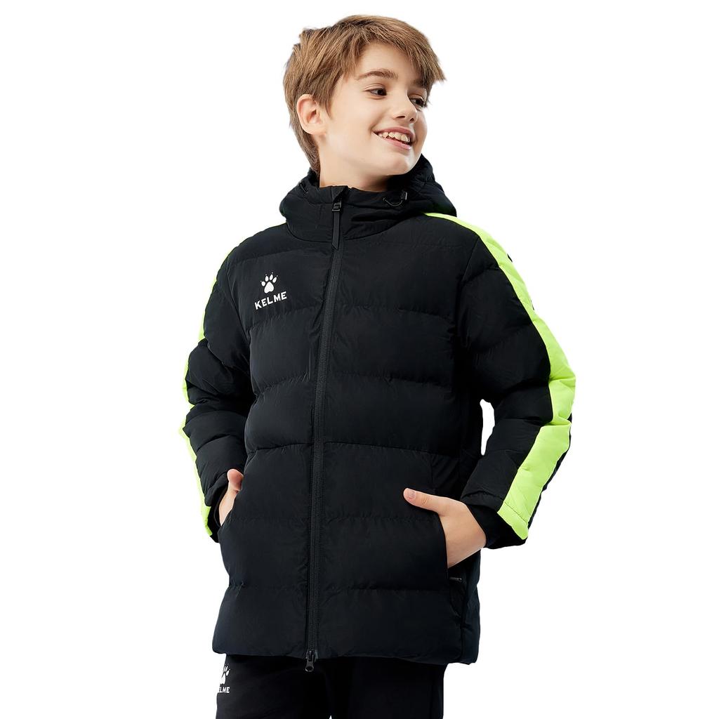 Kelme Kids' Winter Cotton Sports Jacket, Soccer Training Jersey, Warm and Thick, Short Version A, Black, Size 130