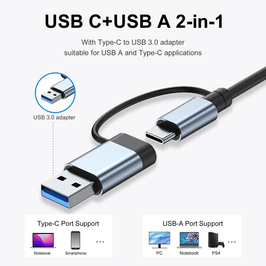 2217 USB A+USB C Hub Adapter 7 In 1 Multi Port USB Docking Station with USB3.0+USB2.0*4+PD+USB C Data Port Extension
