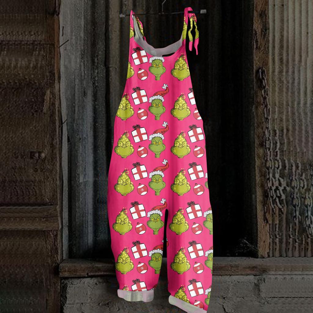 Женский повседневный свободный комбинезон с рождественским принтом, комбинезон с широкими штанинами, без рукавов, с карманами