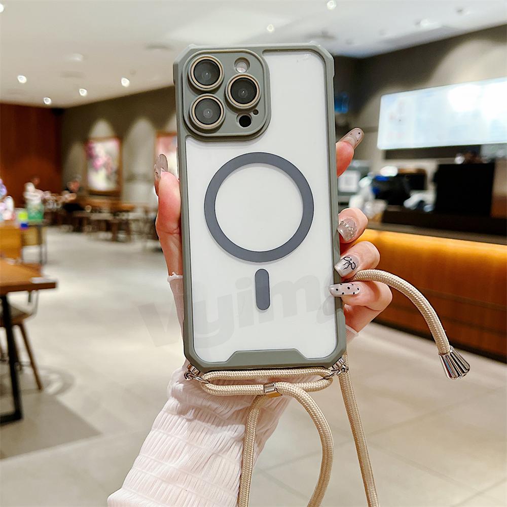 Магнитный прозрачный чехол для iPhone 15 14 13 12 11 Pro Max Plus для Magsafe Crossbody Lanyard Жесткий акриловый чехол