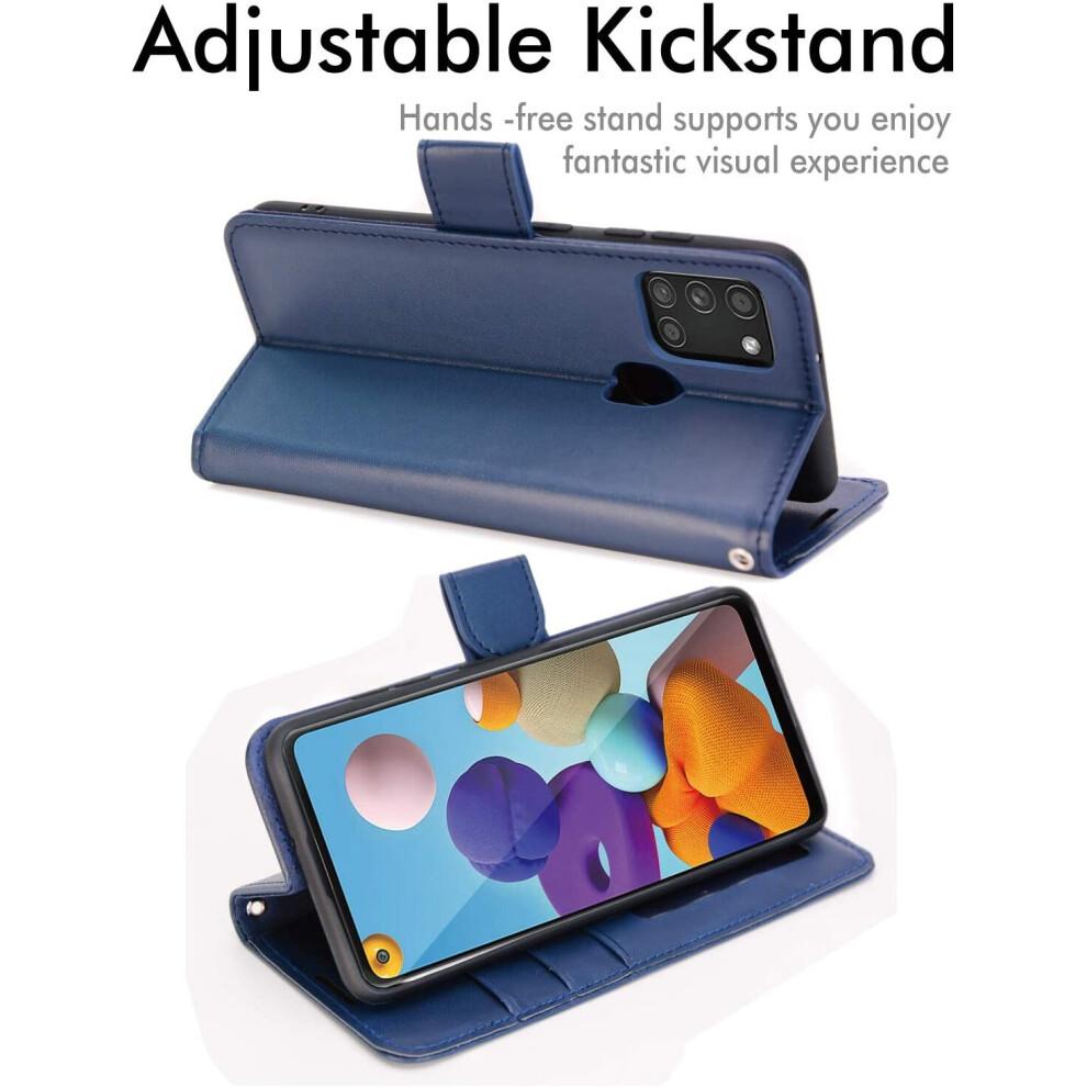 Galaxy A21s Leather Wallet Case - Navy Blue, Flip Cover with 3 Card Slots + Money Pocket, Stand & Wrist Strap, Magnetic Closure 