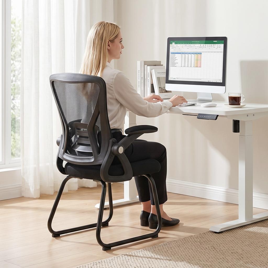 Mesh Desk Chair No Wheels with Flip-up Armrests, Black