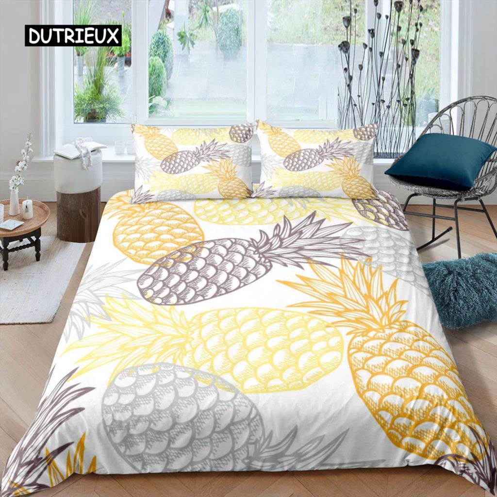 Комплект постельного белья с рисунком ананаса, размер King, желтый, геометрический, с рисунком ананаса, наволочка с принтом фруктов и морем