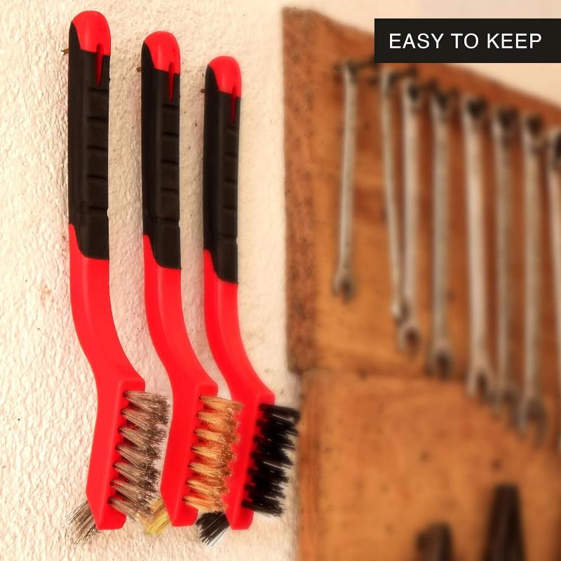 Набор проволочных щеток, 3 шт. — щетина из нейлона, латуни и нержавеющей стали с изогнутой ручкой для очистки от ржавчины, грязи и краски с глубокой очисткой