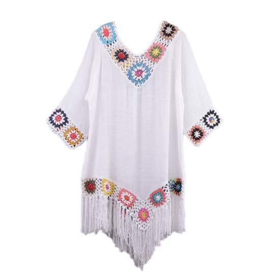 Bikini Cover Up Hollow Out Crochet Patchwork Loose-fitting Sun Protection Swimwear Tunic