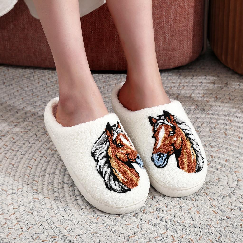 Farmer Ranch Horse Pattern Embroidered Plush Home Thick-Soled Comfortable Furry Slippers Cute Warm Non-Slip Indoor Slippers