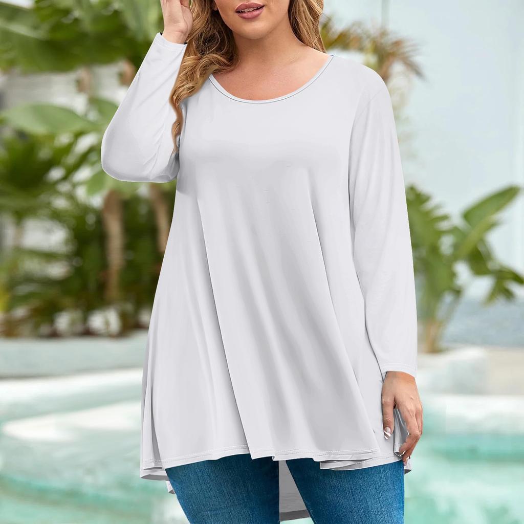 Женская мода большого размера с круглым вырезом и длинным рукавом, повседневный однотонный свободный пуловер